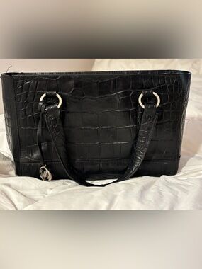 Monsac 1990s Black Croc-Embossed Leather handbag with Silver Hardware